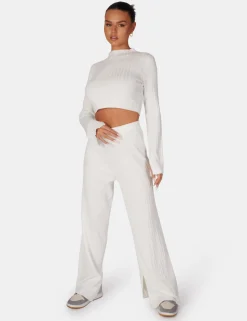 Public Desire V Front Wide Leg Ribbed Knitted Trousers White Online
