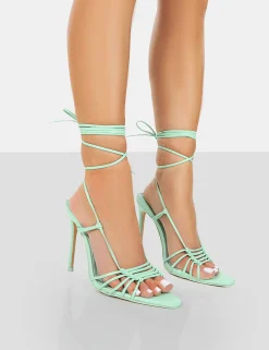 Public Desire Valencia Wide Fit Pu Strappy Lace Up Pointed Toe Stiletto Heels Mint Sale
