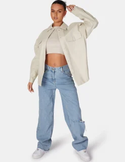 Public Desire Vegan Leather Pocket Oversized Shacket Stone New