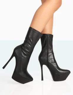 Public Desire Vegas Black Grain Pointed Stiletto Platform Heeled Ankle Boots Best