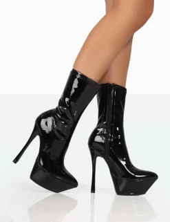 Public Desire Vegas Black Patent Pointed Stilleto Platform Heeled Ankle Boots Best