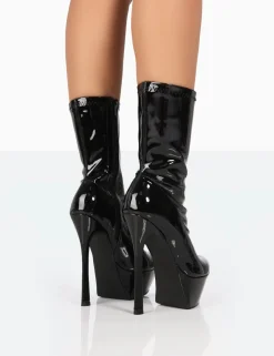 Public Desire Vegas Black Patent Pointed Stilleto Platform Heeled Ankle Boots Best