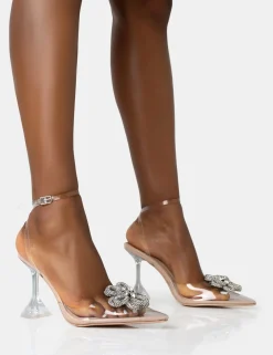 Public Desire Vibez Patent Diamante Flower Broach Strappy Perspex Cake Stand Pointed Toe Heels Nude Sale