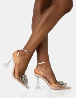 Public Desire Vibez Patent Diamante Flower Broach Strappy Perspex Cake Stand Pointed Toe Heels Nude Sale