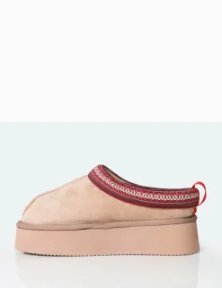 Public Desire Vixon Beige Faux Suede Embroidered Slipper Platform Boots Sale