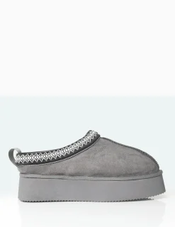 Public Desire Vixon Charcoal Grey Faux Suede Embroidered Slipper Platform Boots Online
