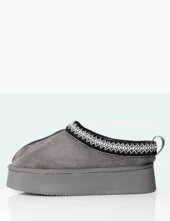 Public Desire Vixon Charcoal Grey Faux Suede Embroidered Slipper Platform Boots Online