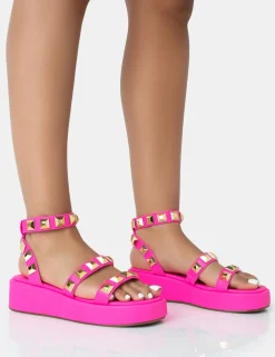 Public Desire Wade Hot Studded Strappy Platform Sandals Pink Fashion