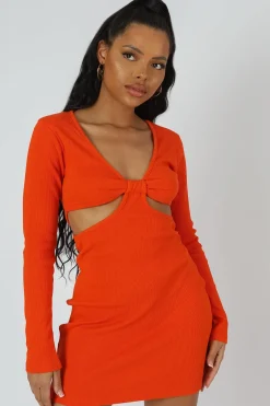 Public Desire Waist Cut Out Long Sleeve Mini Dress Orange Best