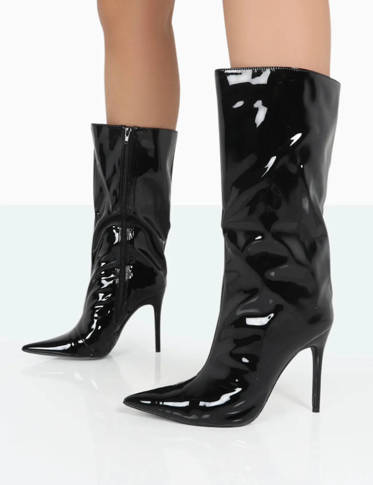 Public Desire Wanda Patent Pu Pointed Toe Stiletto Knee High Boots Black Shop