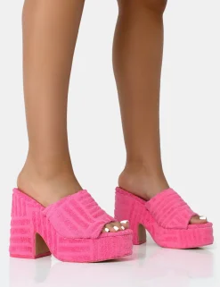Public Desire Wavez Terry Towelling Round Toe Platform Block Heel Mules Pink Cheap