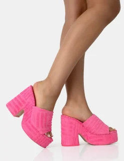 Public Desire Wavez Terry Towelling Round Toe Platform Block Heel Mules Pink Cheap