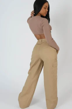 Public Desire Wide Leg Pocket Detail Cargo Trouser Sand Discount