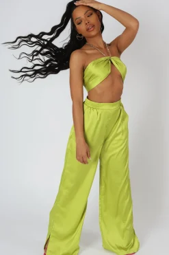 Public Desire Wide Leg Satin Trousers Lime Shop