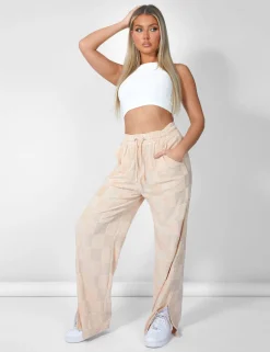 Public Desire Wide Leg Split Hem Checkerboard Towelling Joggers Sand Sale