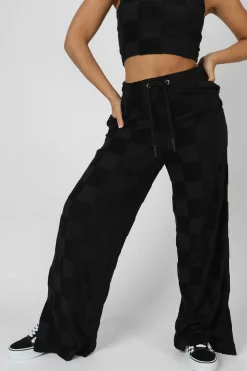 Public Desire Wide Leg Split Hem Checkerboard Towelling Joggers Black Best Sale