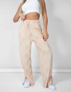 Public Desire Wide Leg Split Hem Checkerboard Towelling Joggers Sand Sale