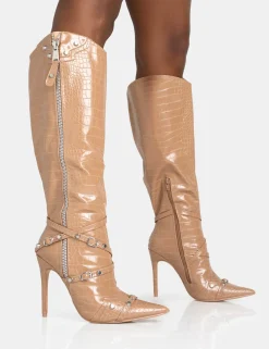 Public Desire Worthy Camel Croc Studded Zip Detail Pointed Toe Stiletto Knee High Boots Caramel Sale
