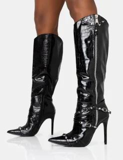 Public Desire Worthy Croc Studded Zip Detail Pointed Toe Stiletto Knee High Boots Black Online