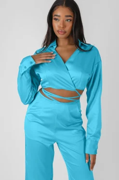 Public Desire Wrap Cropped Shirt Blue Store