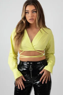 Public Desire Wrap Poplin Cropped Shirt Lime Green Cheap