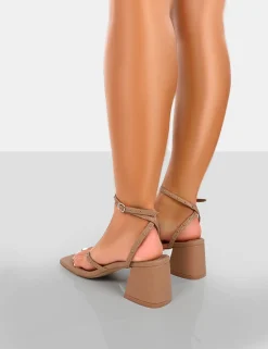Public Desire Zahra Pu Toe Thong Mid Block Heeled Sandals Nude Sale