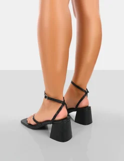 Public Desire Zahra Pu Toe Thong Mid Block Heeled Sandals Black Hot