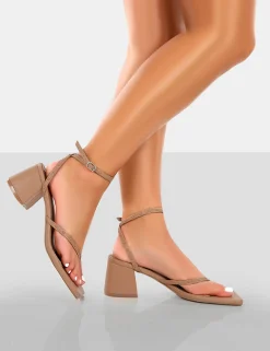 Public Desire Zahra Pu Toe Thong Mid Block Heeled Sandals Nude Sale
