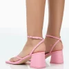 Public Desire Zahra Wide Fit Pu Toe Thong Mid Block Heeled Sandals Pink New
