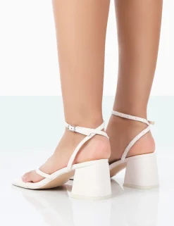 Public Desire Zahra Wide Fit Pu Toe Thong Mid Block Heeled Sandals Ecru Outlet