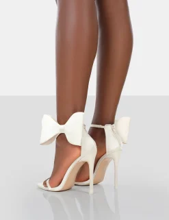 Public Desire Zeal Wide Fit Off Satin Strappy Bow Ankle Detail Stiletto Heels White Outlet