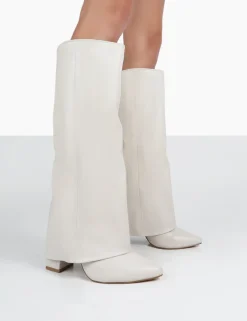 Public Desire Zendaya Ecru Pointed Toe Knee High Block Boots White Cheap