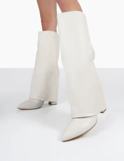 Public Desire Zendaya Ecru Pointed Toe Knee High Block Boots White Cheap