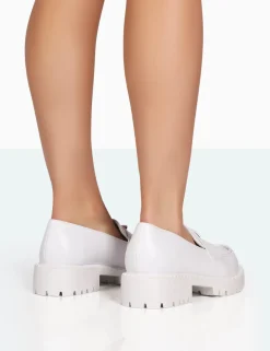 Public Desire Ziggy White Pu Triangle Badge Chunky Sole Loafers Fashion