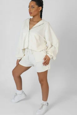 Public Desire Zip Through Towelling Hoodie Ecru Flash Sale