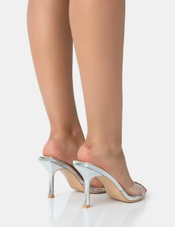 Public Desire Zug Mirror Perspex Pointed Toe Stiletto Mid Heels Silver Cheap