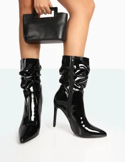Public Desire Zurich Patent Croc Stiletto Ankle Pointed Heeled Boots Black Cheap